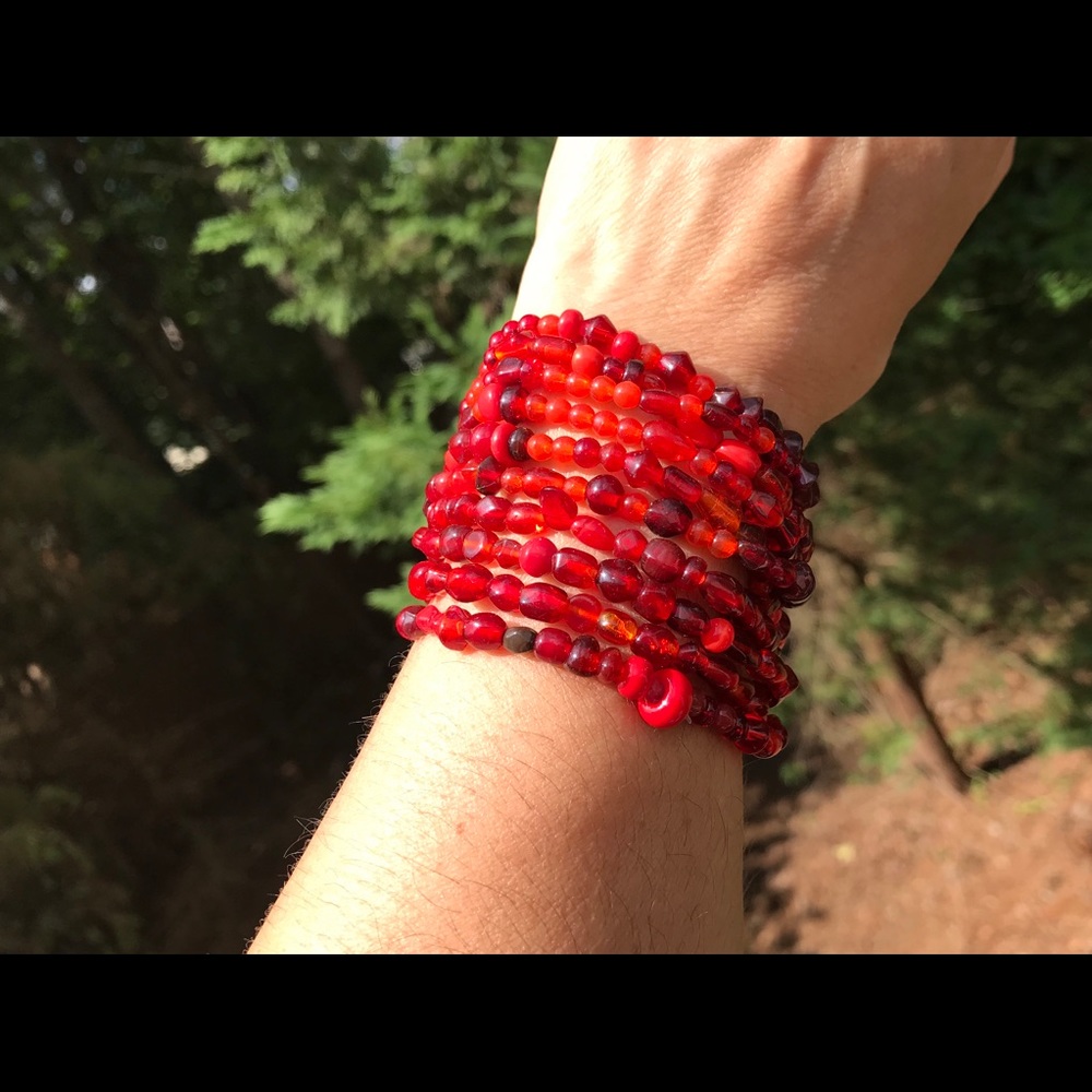 Beaded Bracelet/ Necklace, Red Stretch Wrapping
